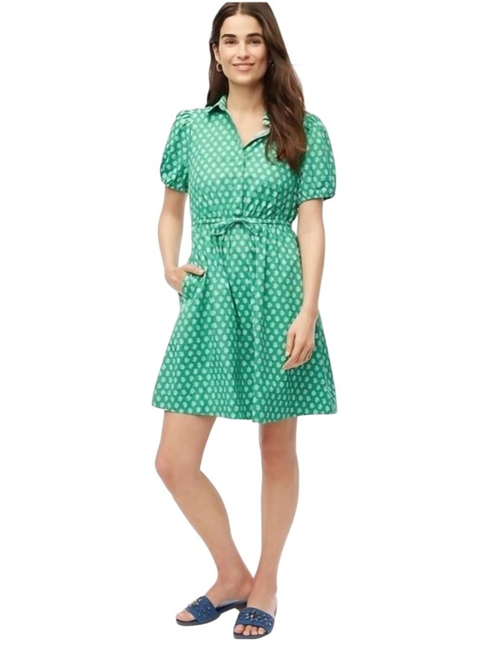 J.Crew NWT Green Floral Puff Sleeve Shirt Dress Pockets Drawstring Waist Size 8